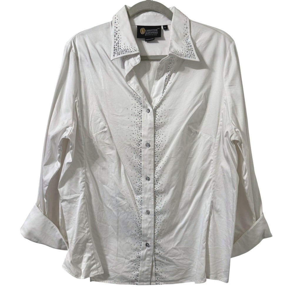 Christine Alexander Rhinestone Embellished Button Down Top Womens‎ XL White